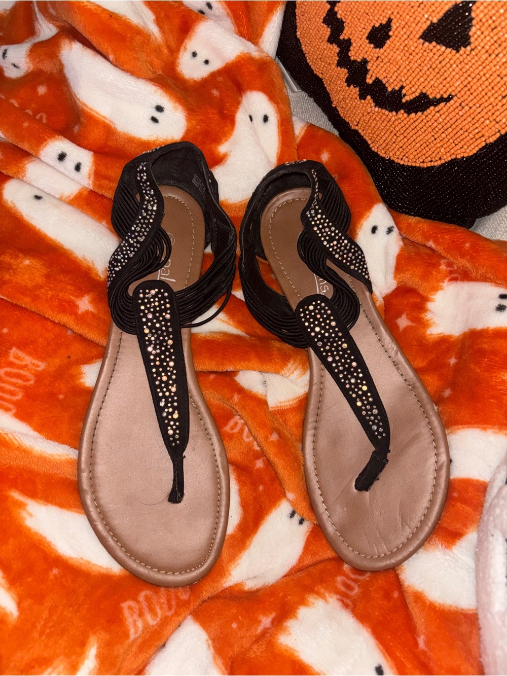 Black Rhinestone T-Strap Flat Sandals for Women